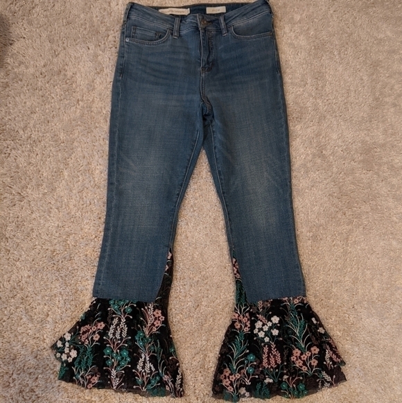 Pilcro and the Letterpress Denim - ANTHROPOLOGIE Pilcro Mid-Rise Slim Boyfriend Jeans Womens 26 Floral Lace Hem